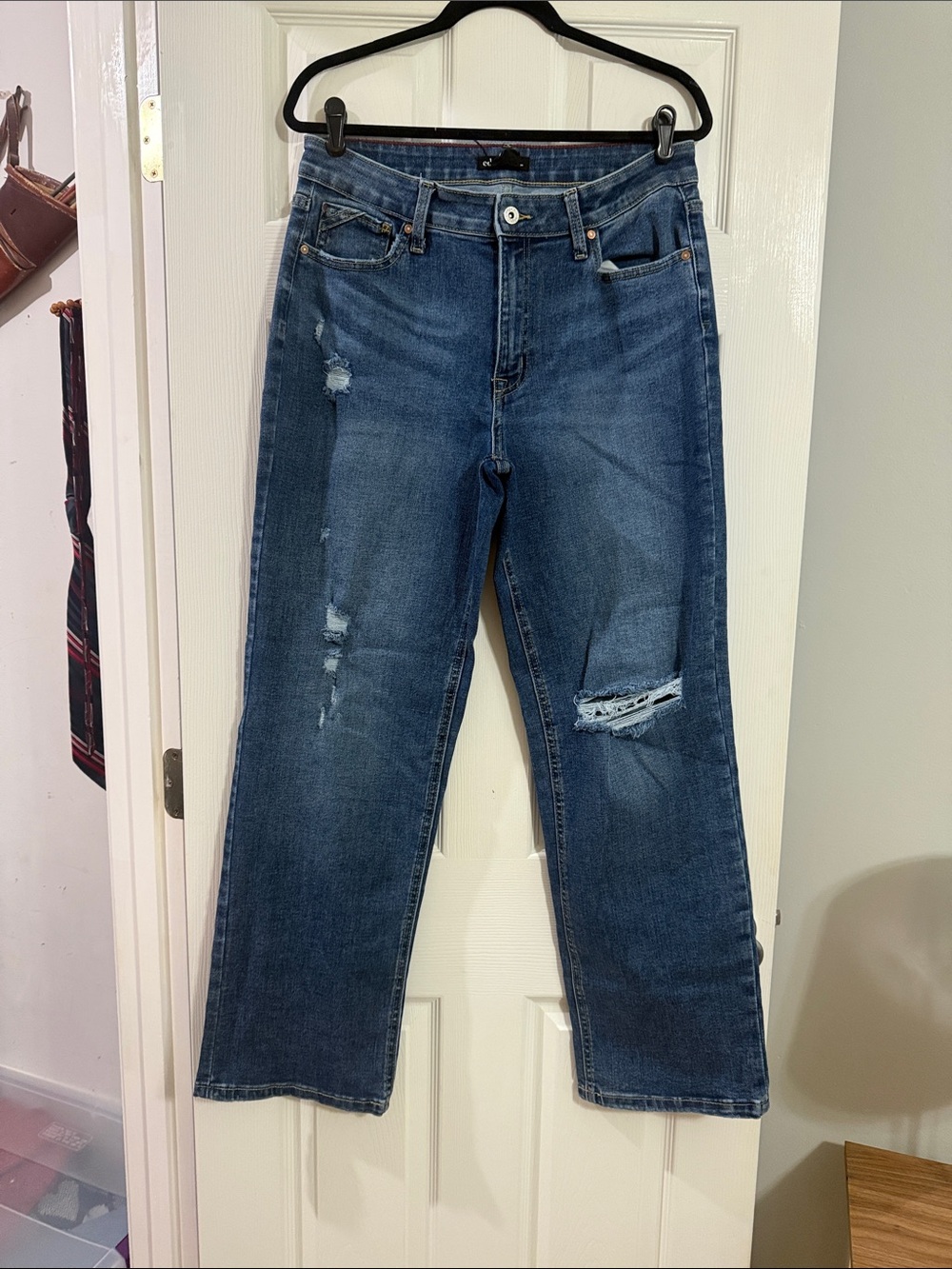 Distressed Straight-Leg Blue Jeans